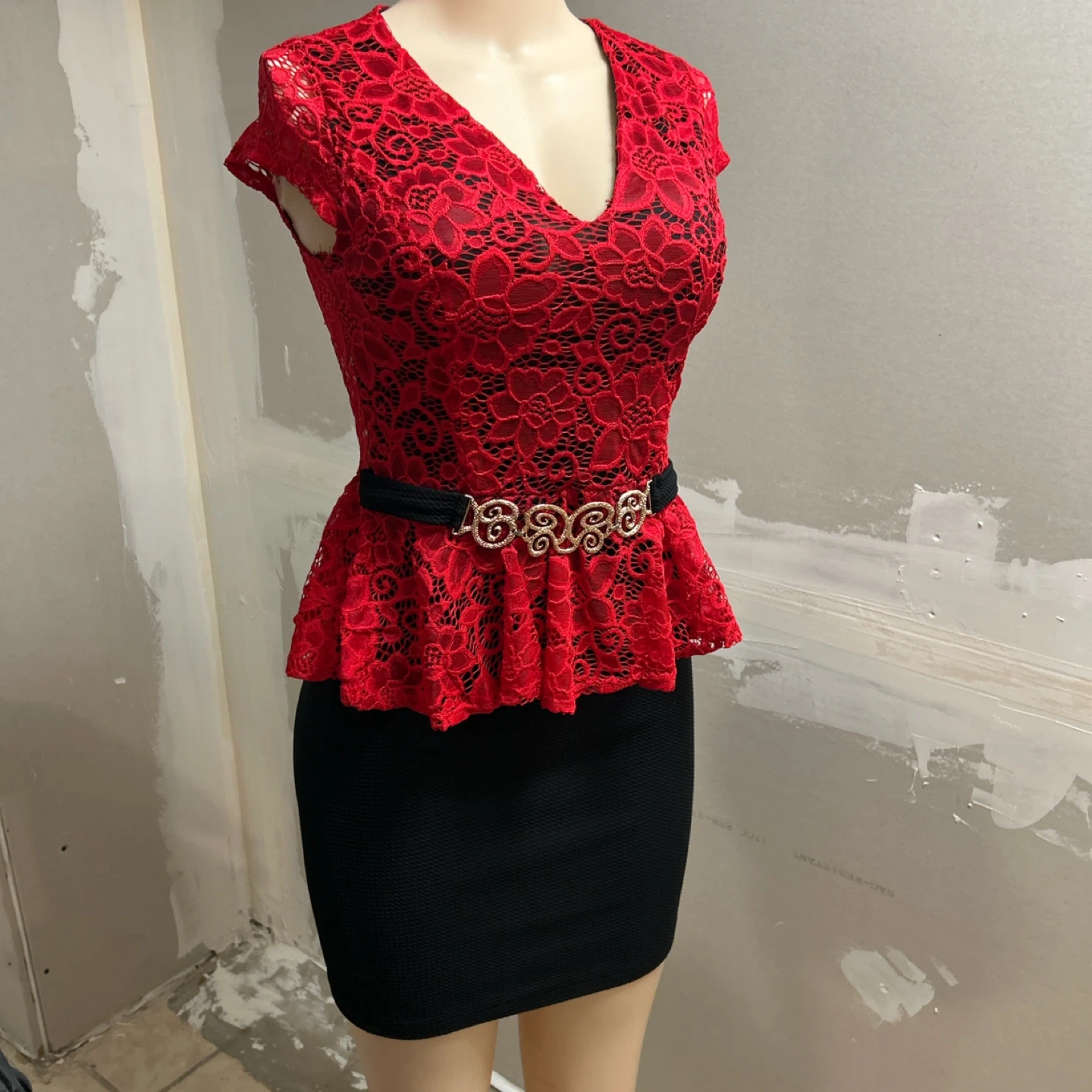 Women's Red Lace Peplum Dress with Black Skirt