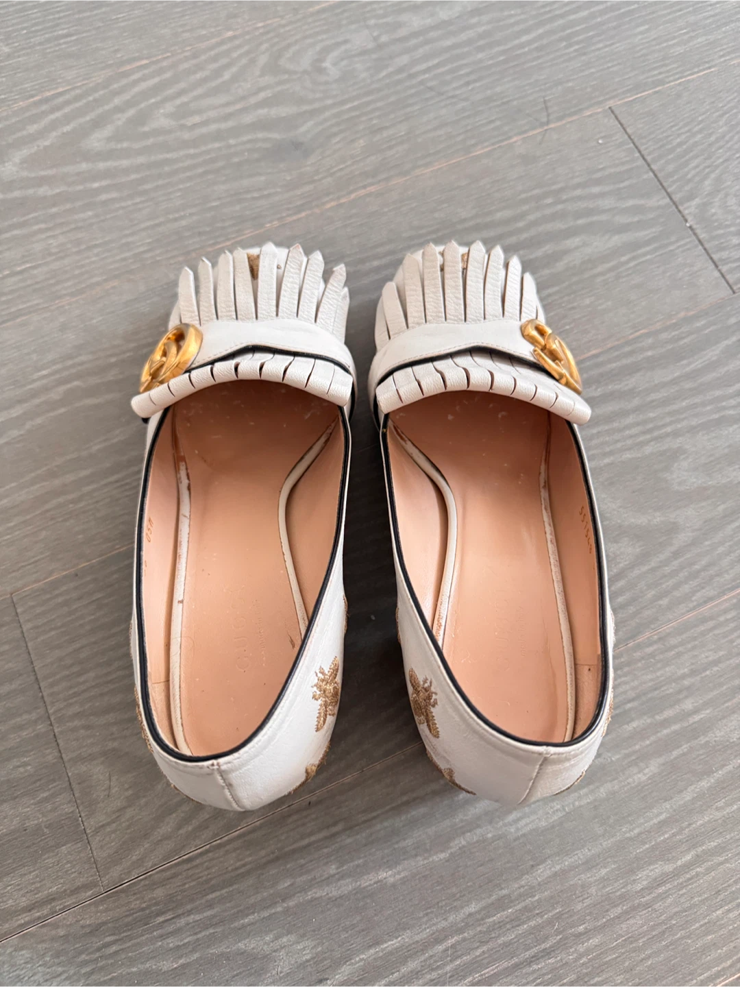 Gucci White Leather Bee & Star Loafer Heels Size 36
