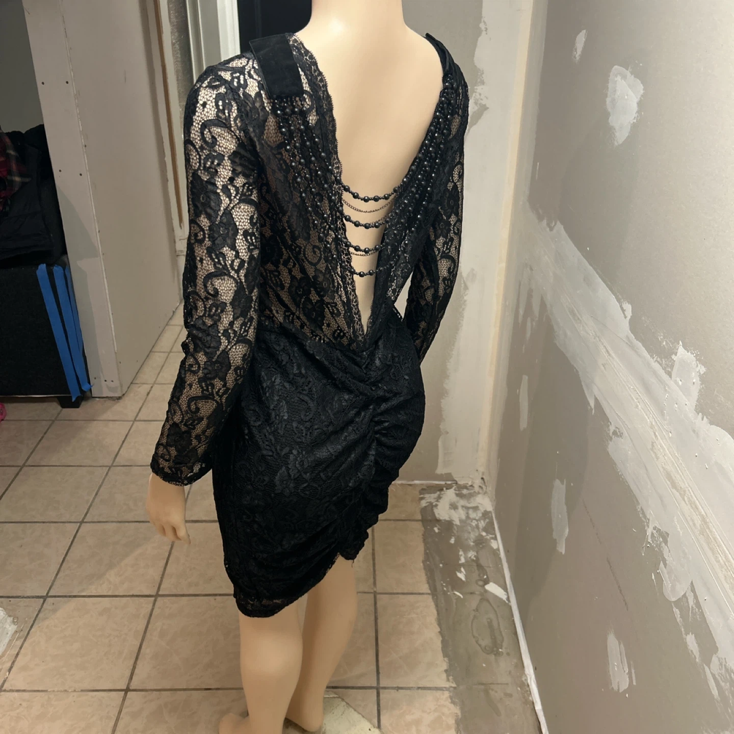 Black Lace Long Sleeve Backless Dress with Beaded Straps - photo 2