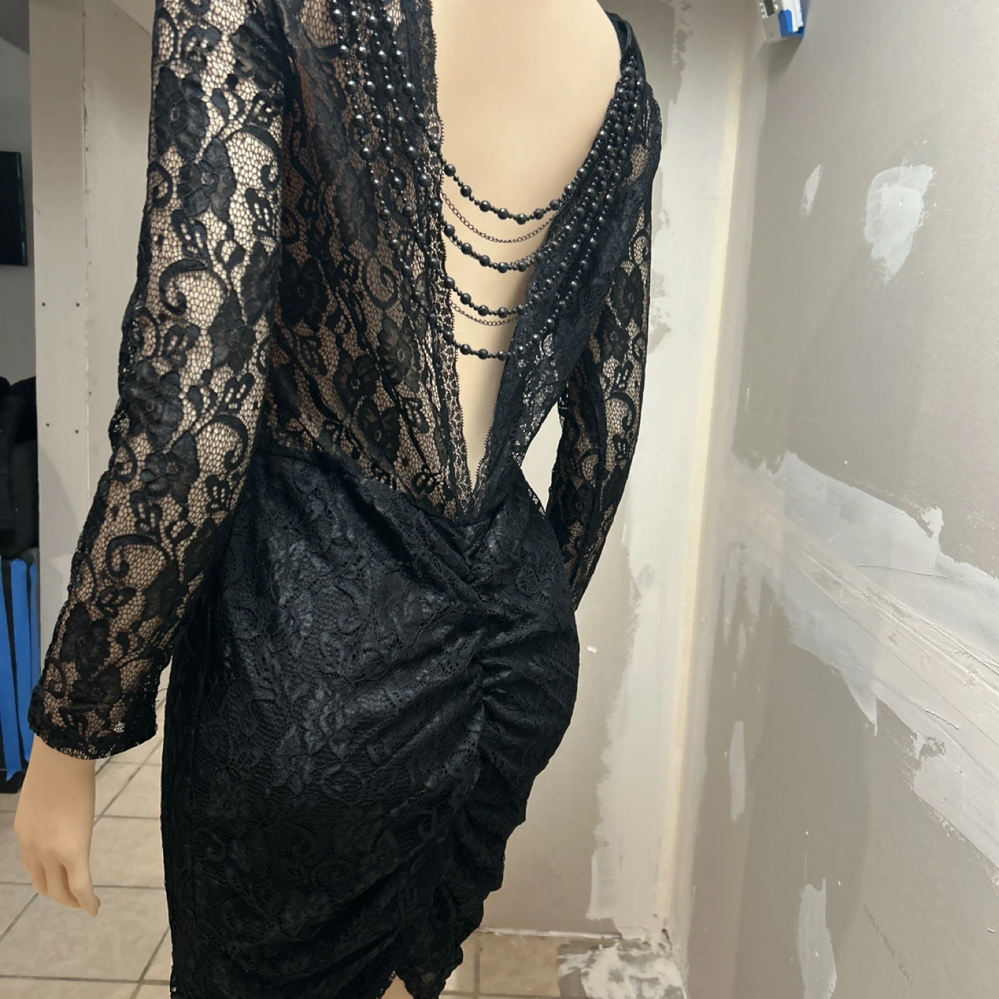 Black Lace Long Sleeve Backless Dress with Beaded Straps - photo 3