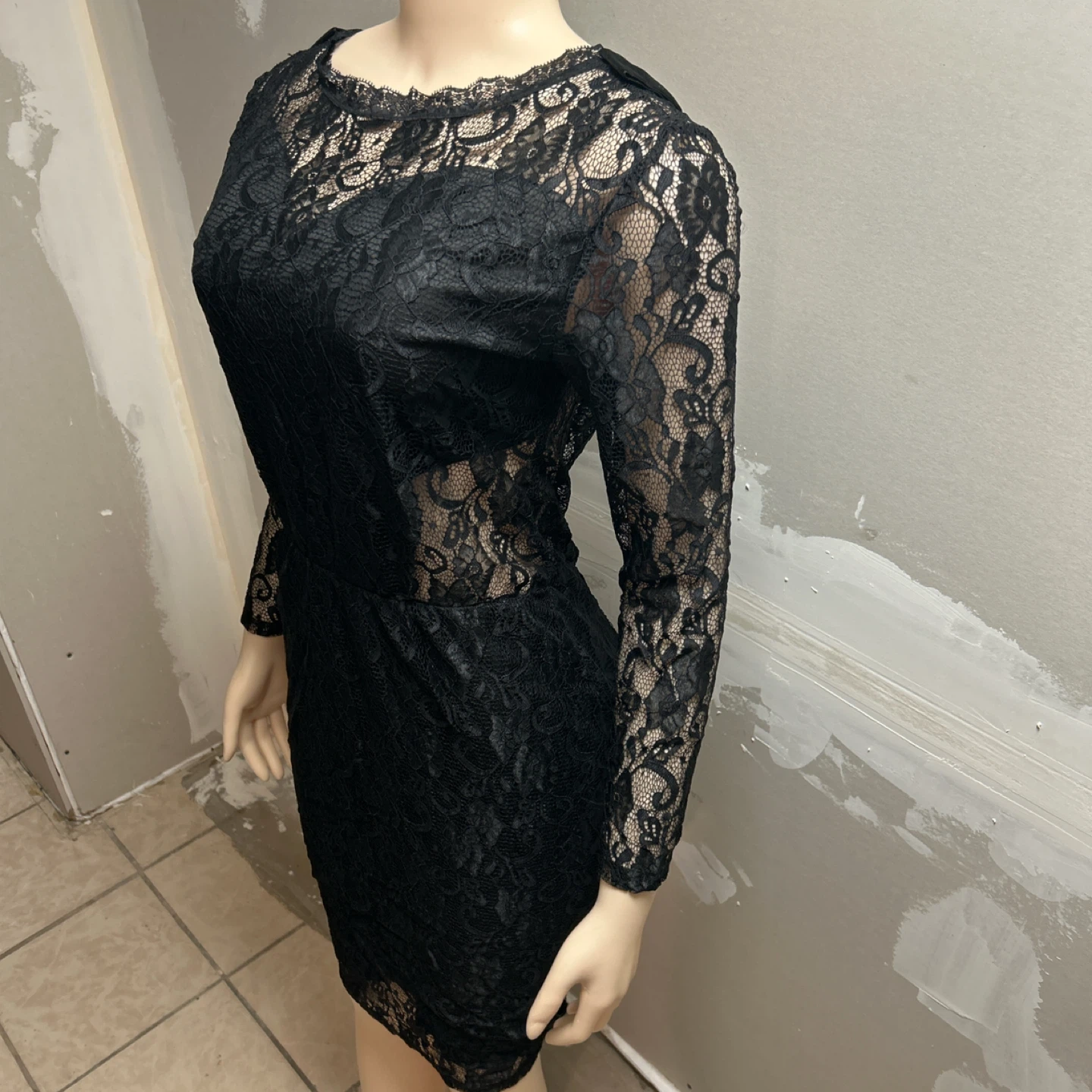 Black Lace Long Sleeve Backless Dress with Beaded Straps
