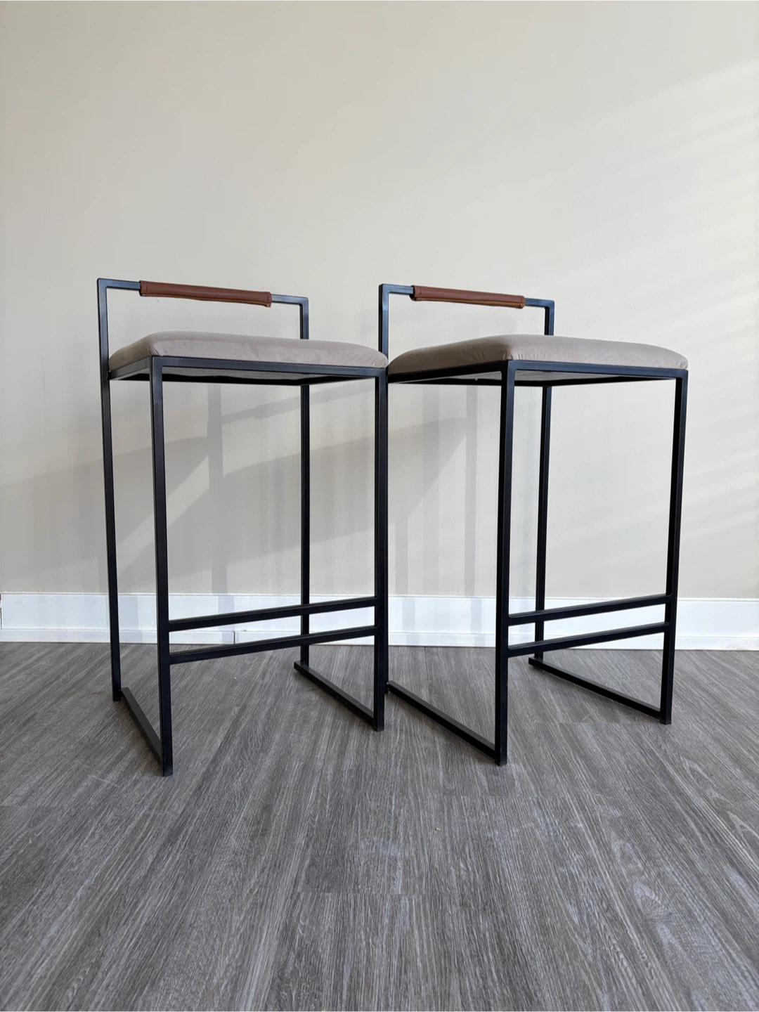 Set of 2 Swedish Bar Stools - Black Metal & Taupe Upholstery