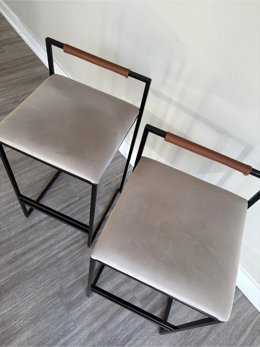 Set of 2 Swedish Bar Stools - Black Metal & Taupe Upholstery - photo 3