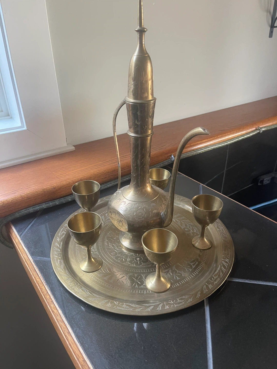 Decorative Brass Pitcher and Cups Set with Tray