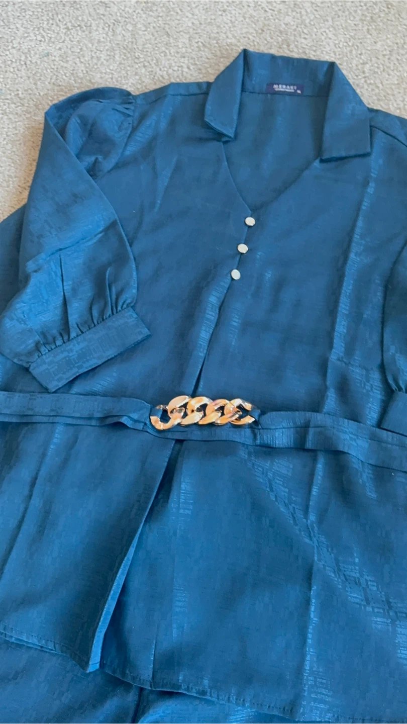 MERAKI Blue Textured Button-Up Blouse and Pants Set - photo 3
