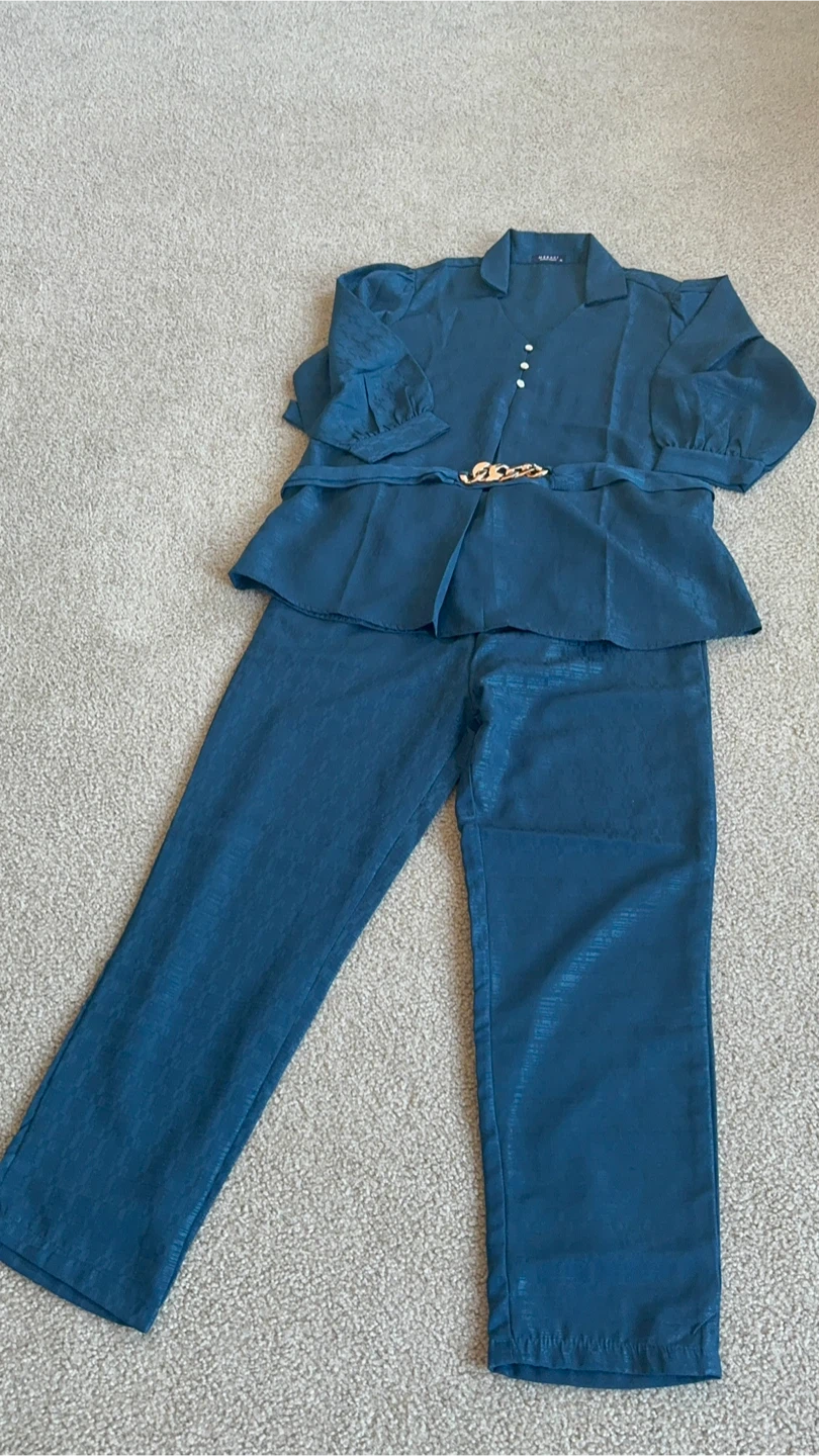 MERAKI Blue Textured Button-Up Blouse and Pants Set