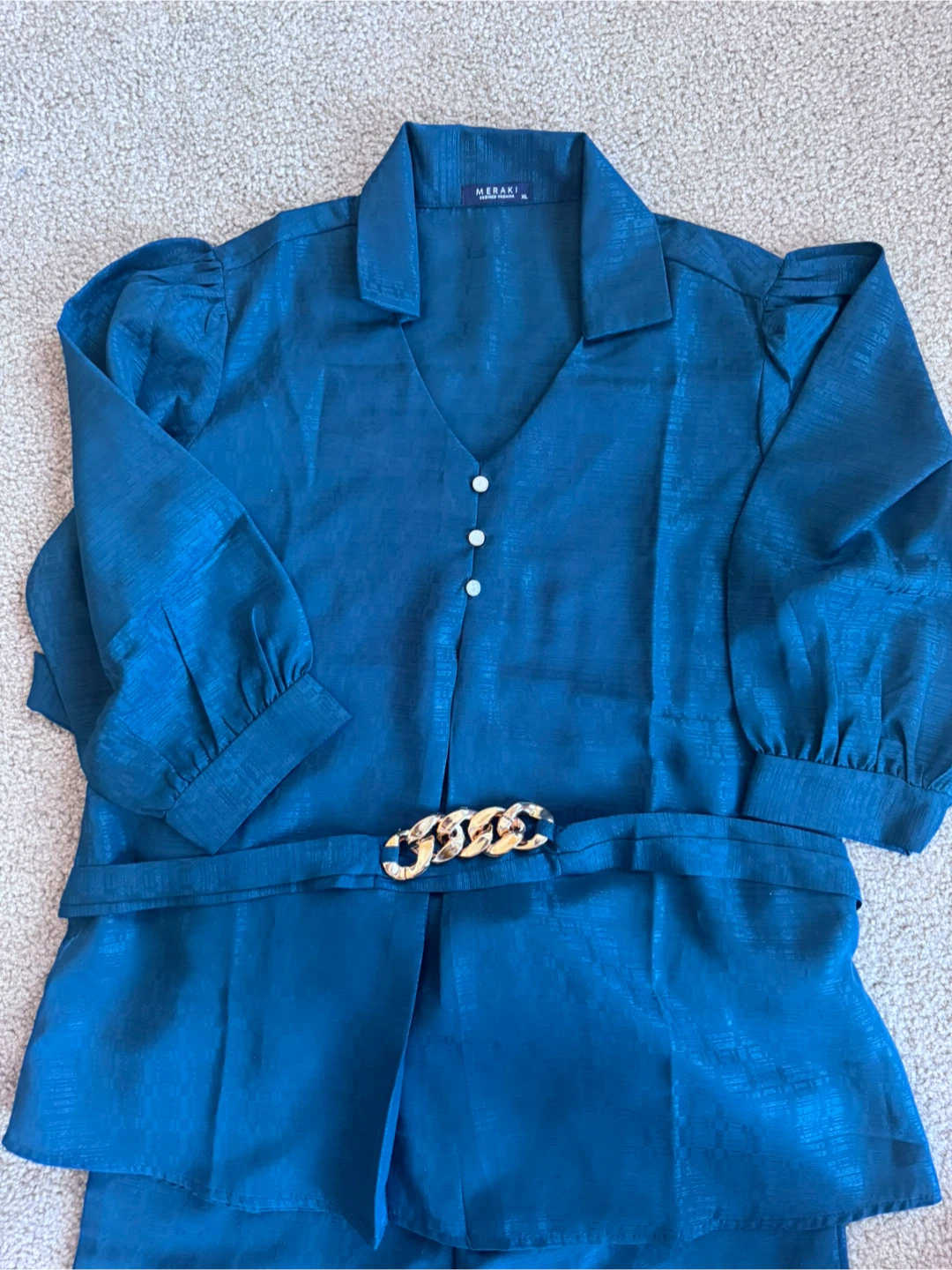 MERAKI Blue Textured Button-Up Blouse and Pants Set - photo 2