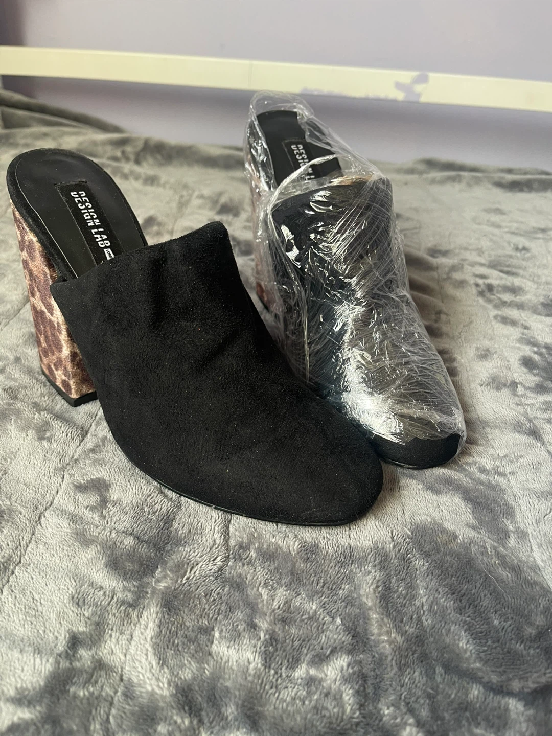 DESIGN LAB Black Suede Mules Leopard Print Heels - photo 2