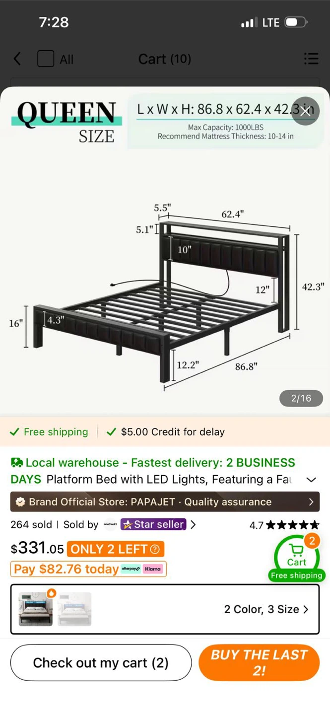 PAPAJET Queen Size Platform Bed with LED Lights - photo 2