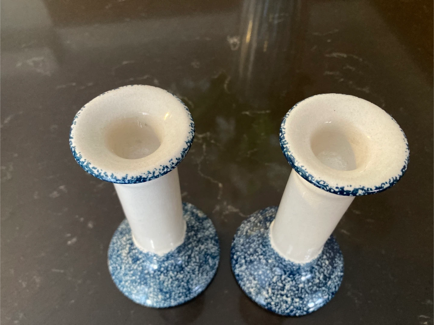 Pair of Ceramic Candlesticks - Blue and White Speckled - photo 2