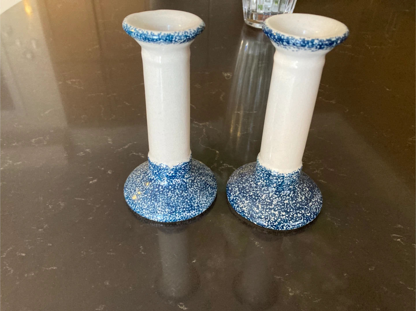 Pair of Ceramic Candlesticks - Blue and White Speckled