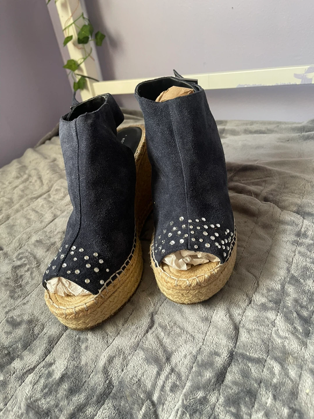 Kenneth Cole Navy Blue Suede Espadrille Wedge Sandals