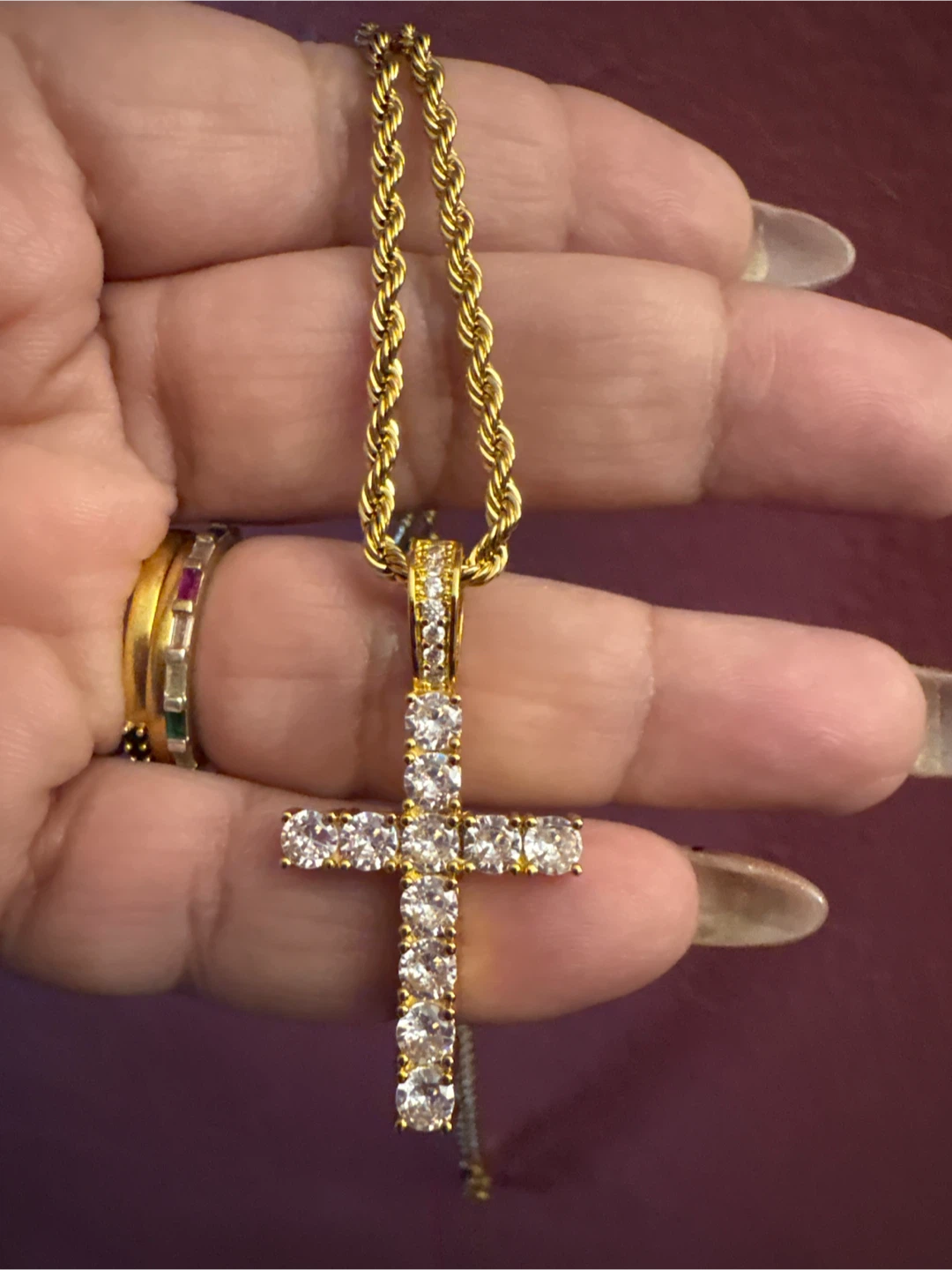 18K Gold SS Cross Pendant Necklace with Cubic Zirconia Stones - photo 5
