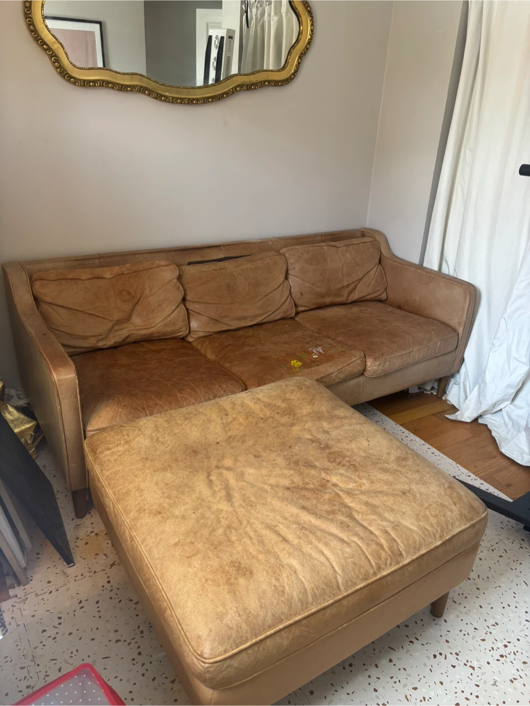 Brown Leather Sofa with Ottoman - photo 2