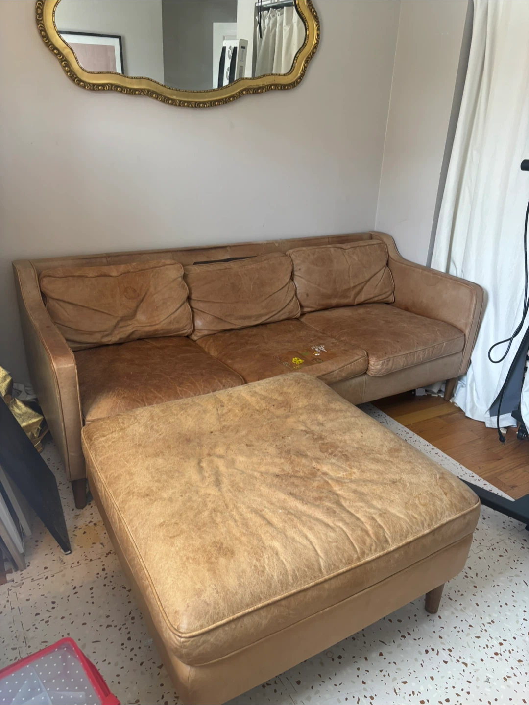 Brown Leather Sofa with Ottoman