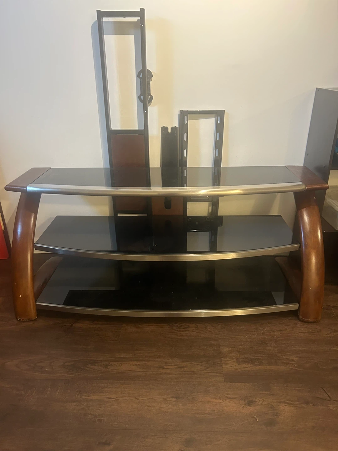 Curved Glass TV Stand with Wood and Metal Accents