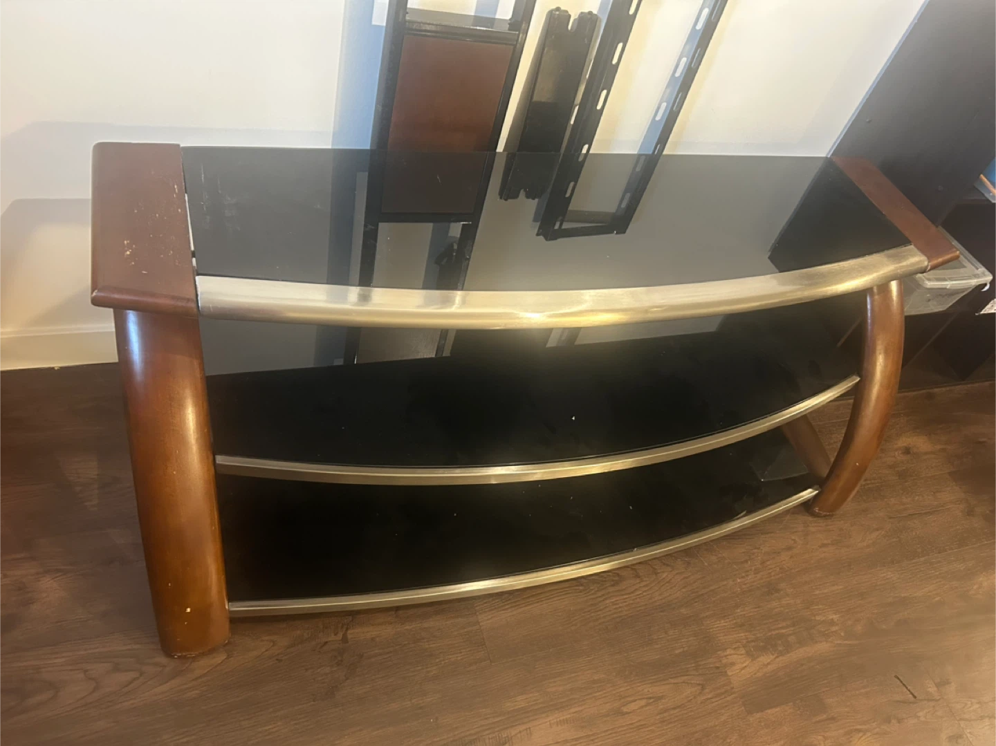 Curved Glass TV Stand with Wood and Metal Accents - photo 2