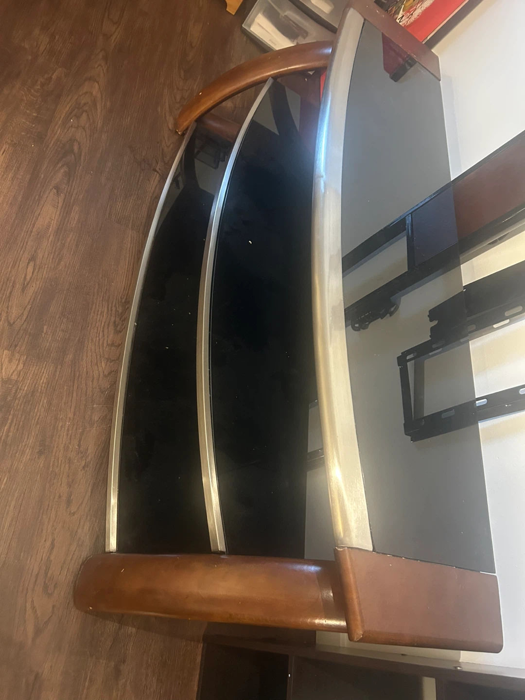 Curved Glass TV Stand with Wood and Metal Accents - photo 3