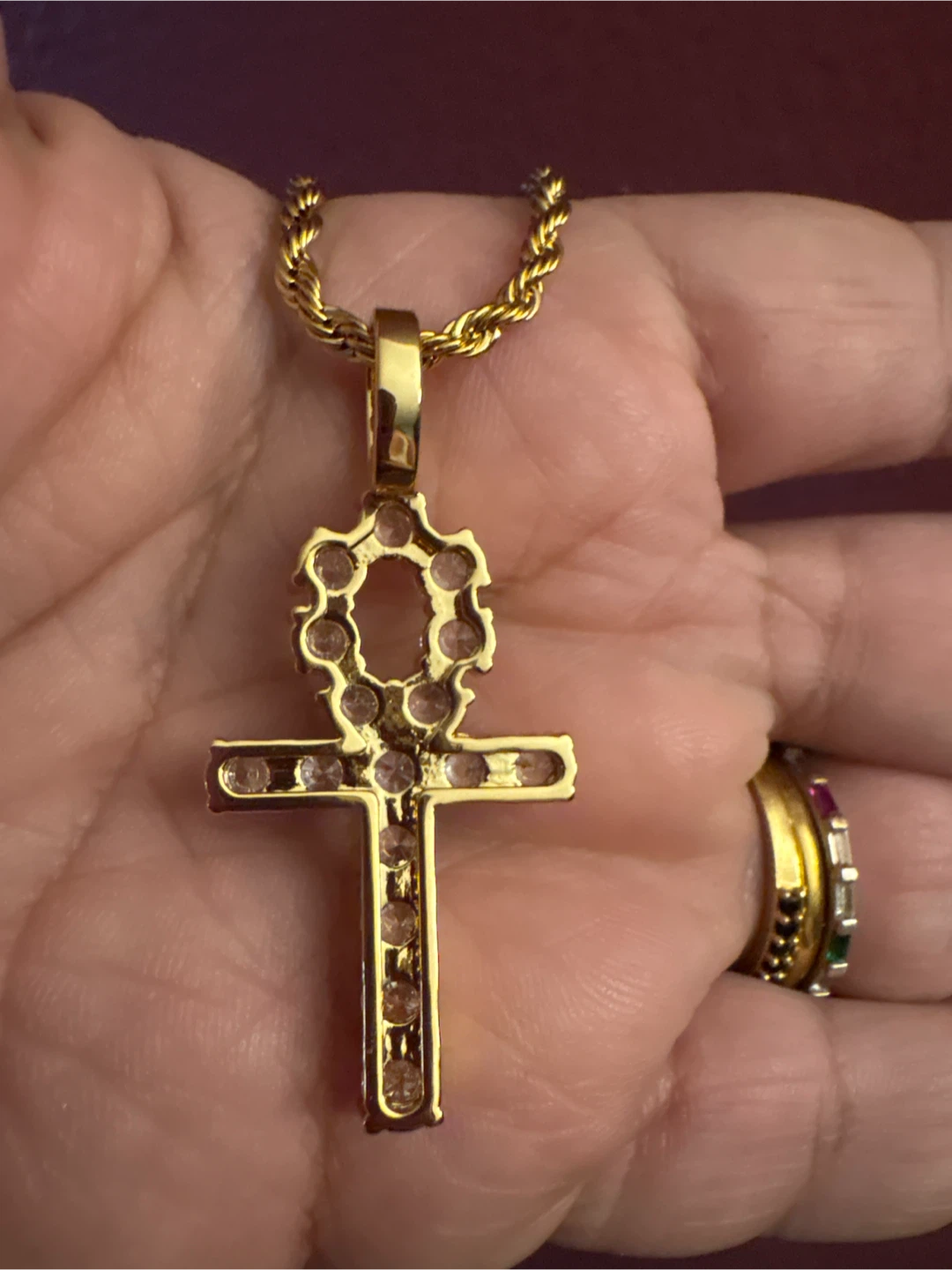 18K Gold SS  Rope Chain CZ Ankh Pendant Necklace - photo 2