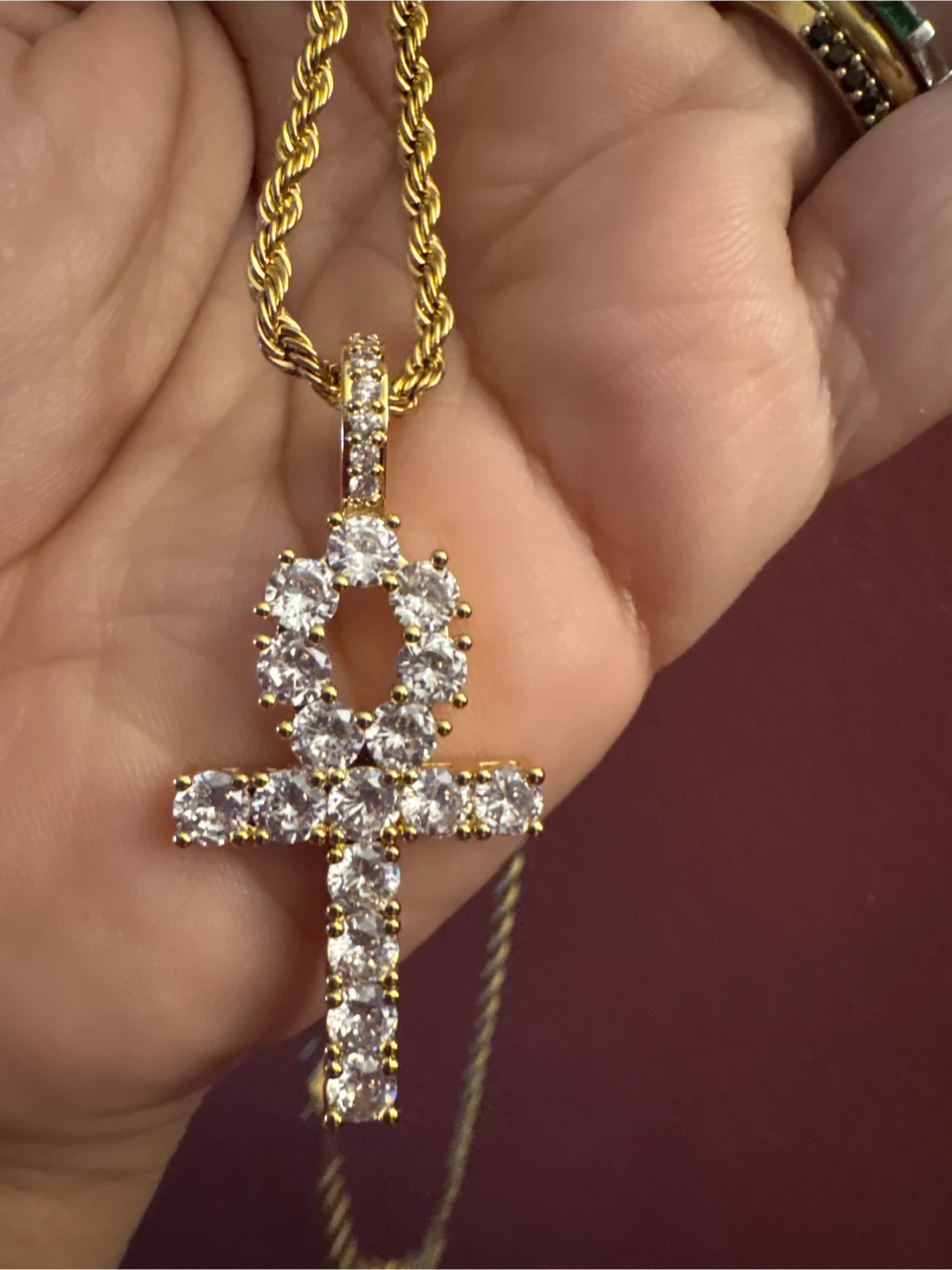 18K Gold SS  Rope Chain CZ Ankh Pendant Necklace - photo 3