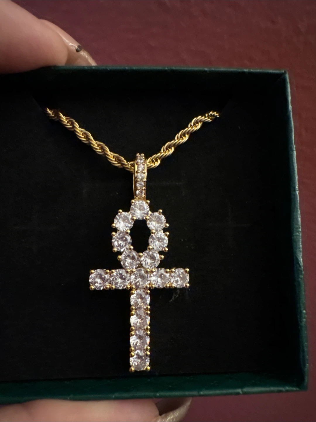 18K Gold SS  Rope Chain CZ Ankh Pendant Necklace