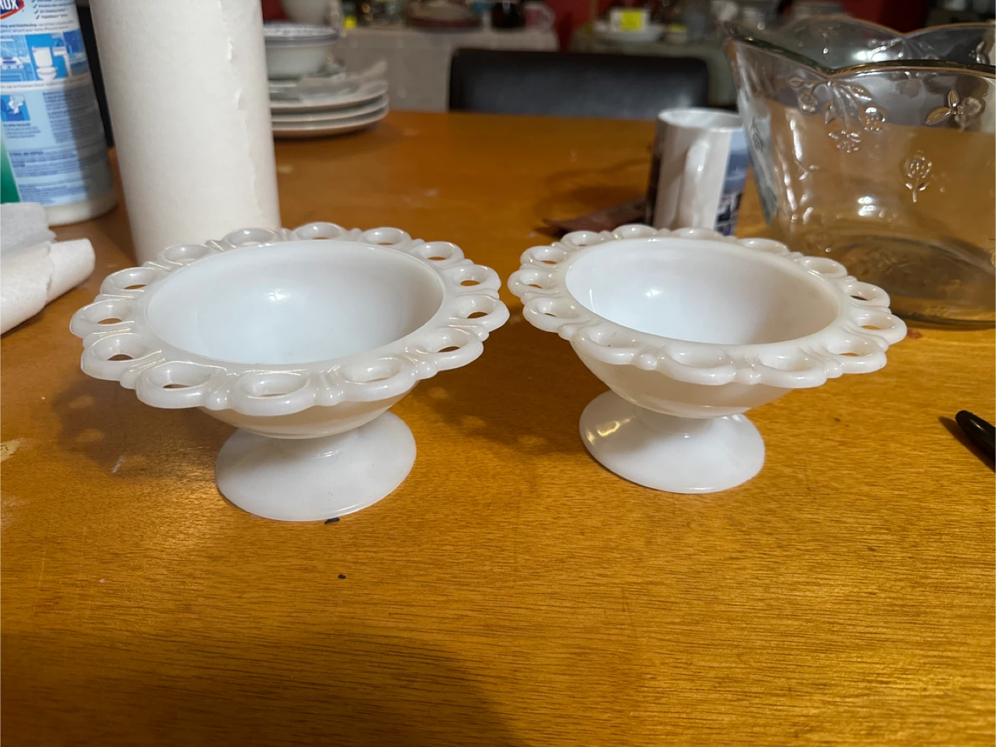 Valentine Sale! Set of 2 White Milk Glass Pedestal Candy Dishes
