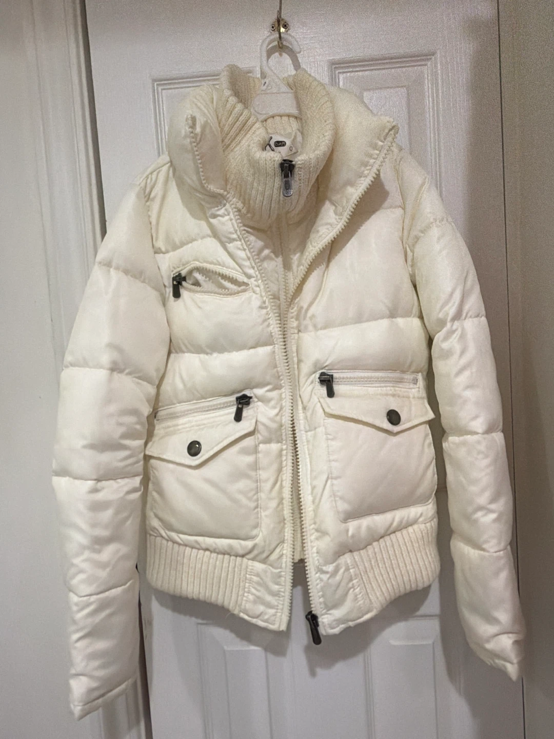 White BSK Puffer Jacket with Ribbed Collar and Cuffs