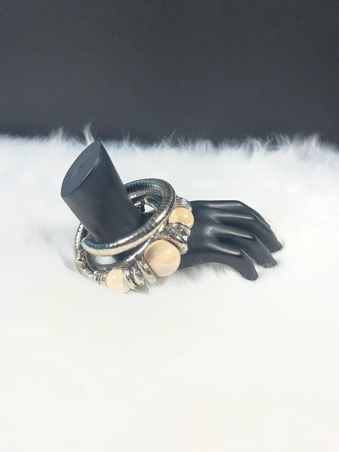 Silver Tone Coil Bangle Bracelet with Cream Beads - photo 2