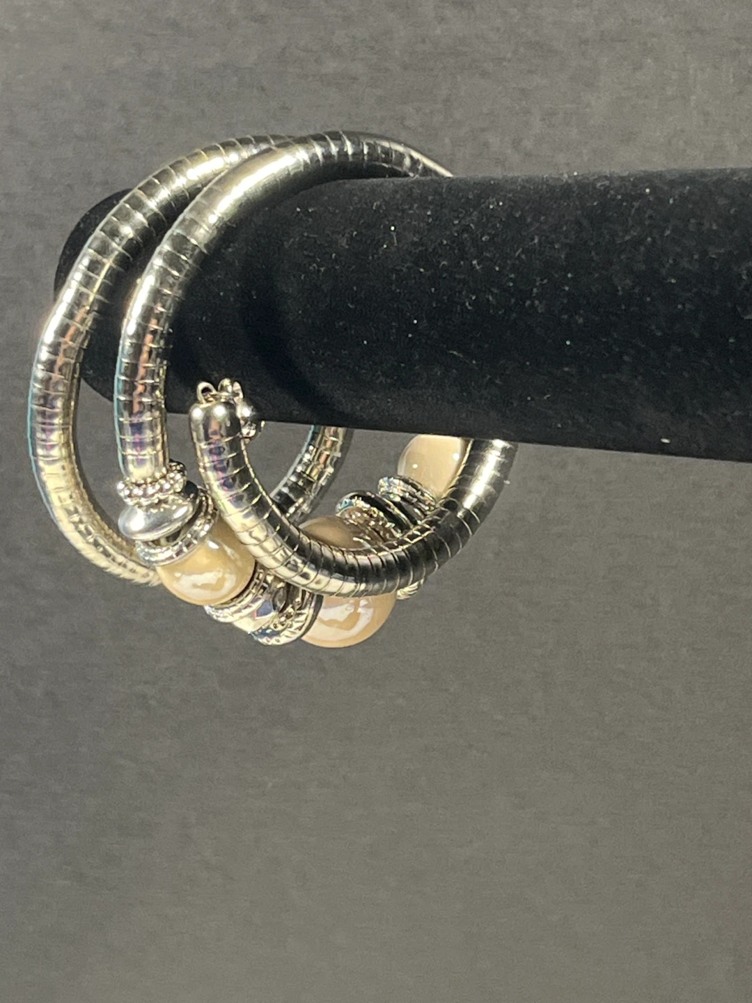 Silver Tone Coil Bangle Bracelet with Cream Beads - photo 3