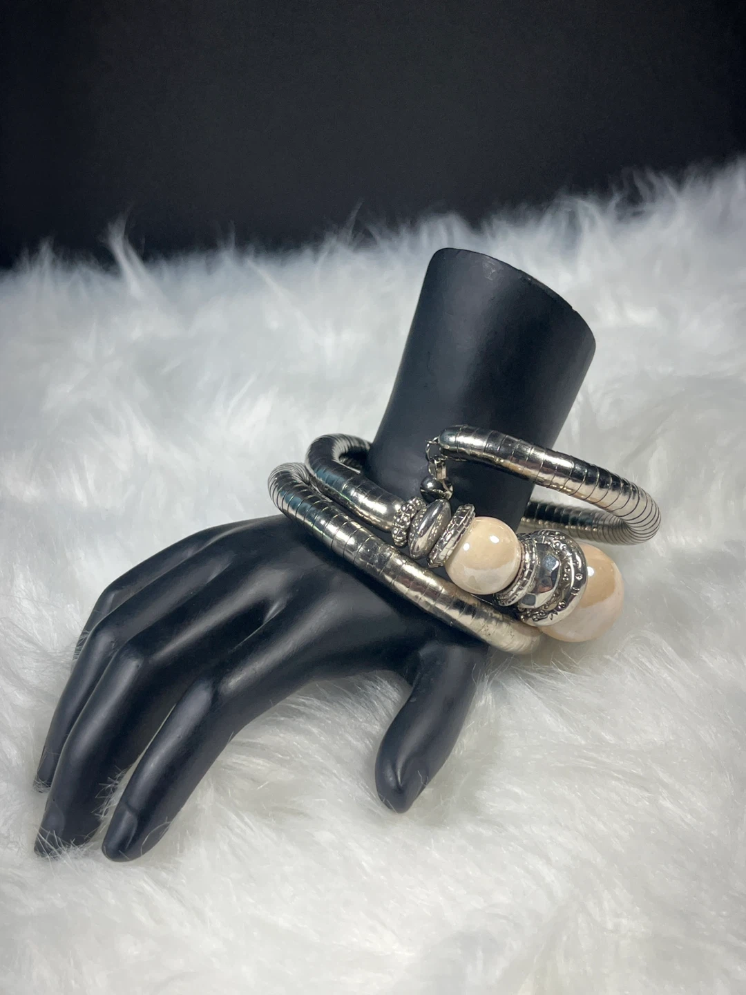 Silver Tone Coil Bangle Bracelet with Cream Beads