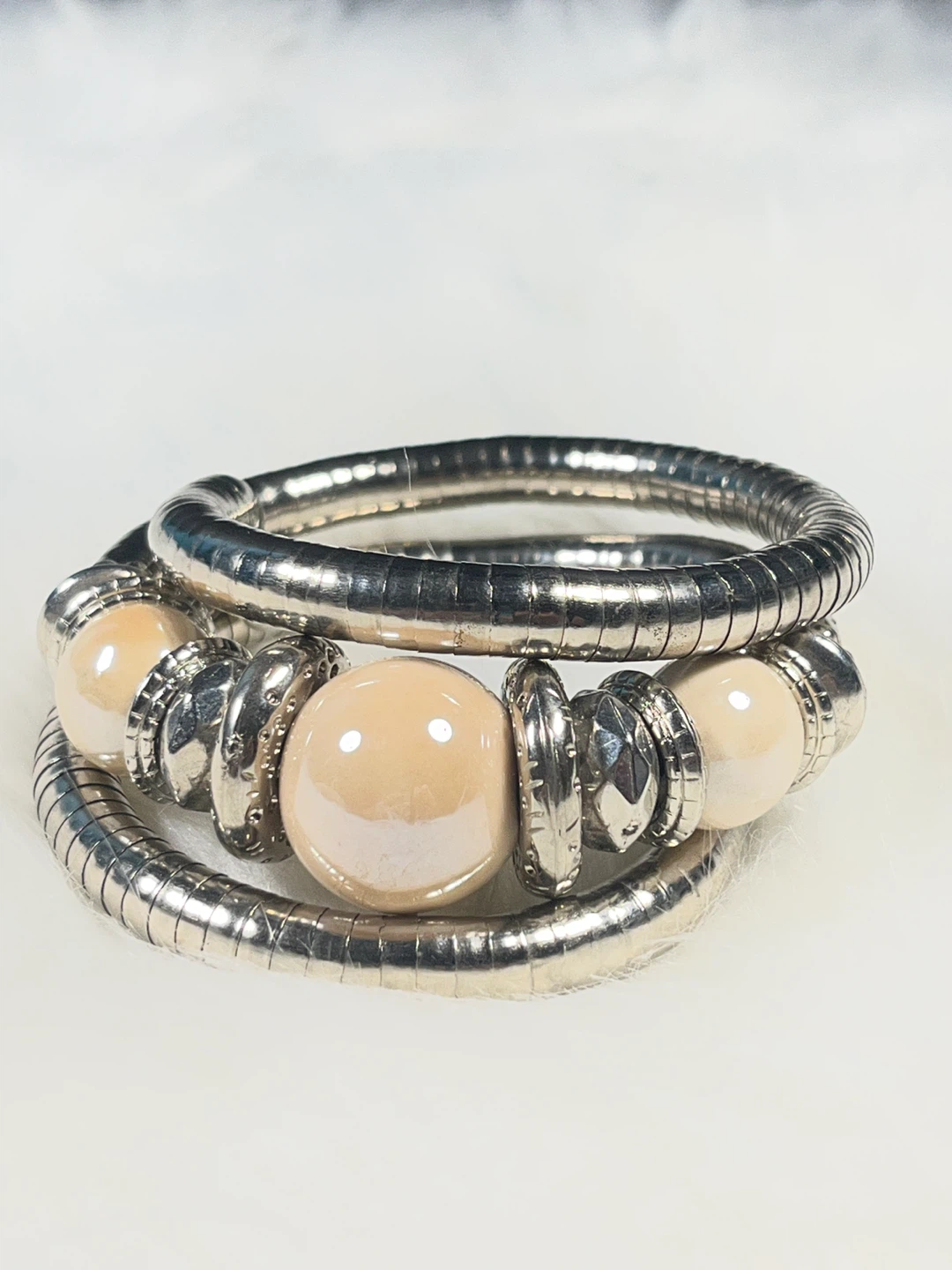 Silver Tone Coil Bangle Bracelet with Cream Beads - photo 4