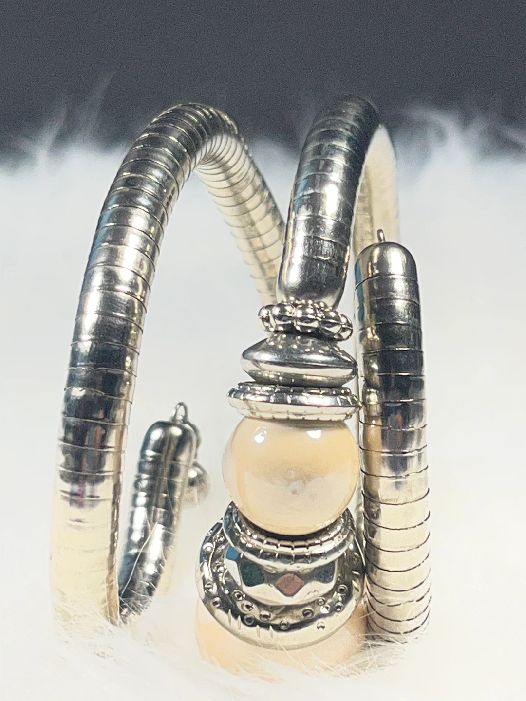 Silver Tone Coil Bangle Bracelet with Cream Beads - photo 5