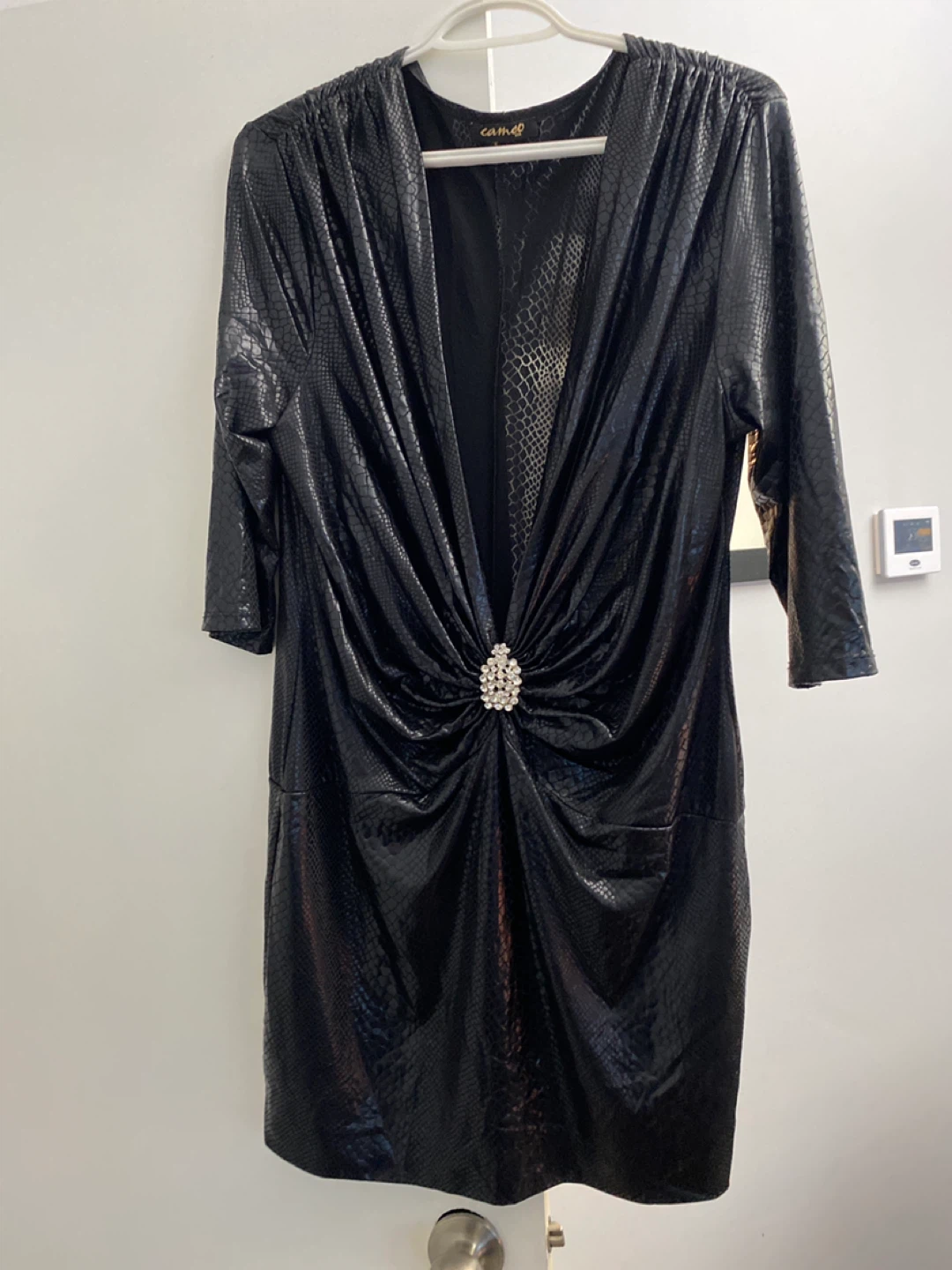 Black Snake Print Ruched Embellished Dress