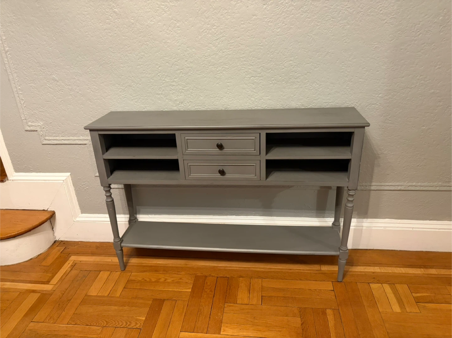Gray Console Table with 2 Drawers and Shelves