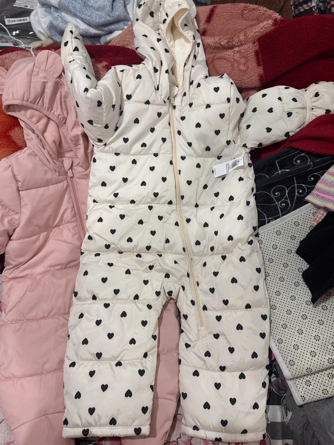 Children's Puffer Snowsuit with Heart Pattern
