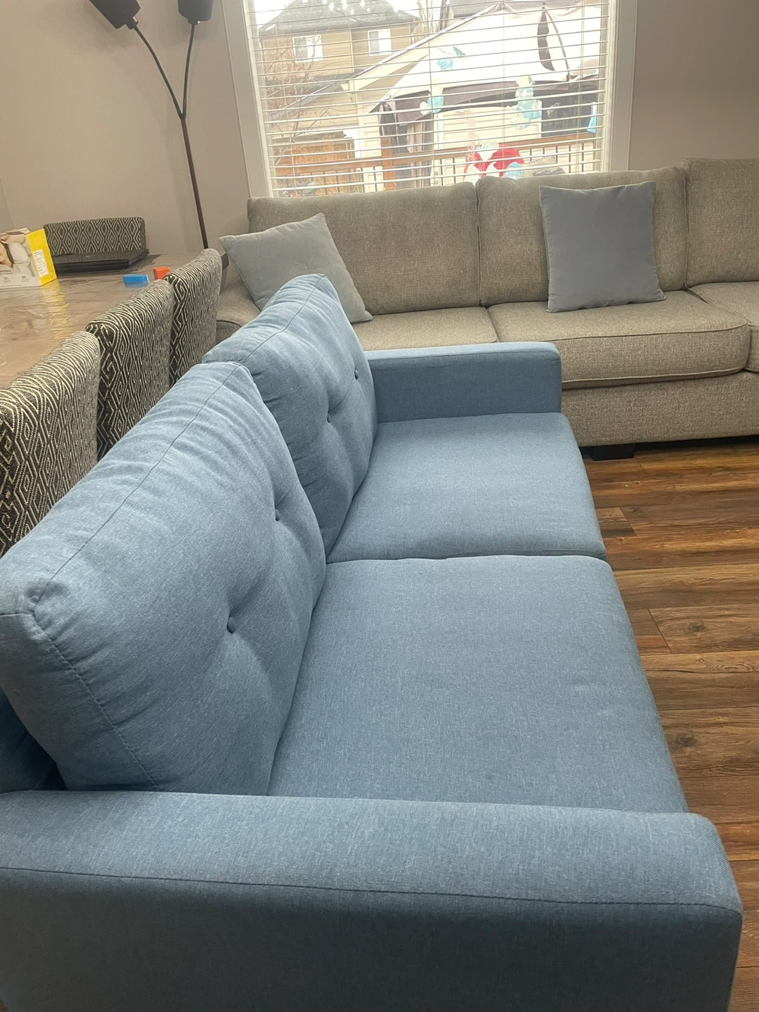 Blue loveseat and a light beige loveseat - photo 2