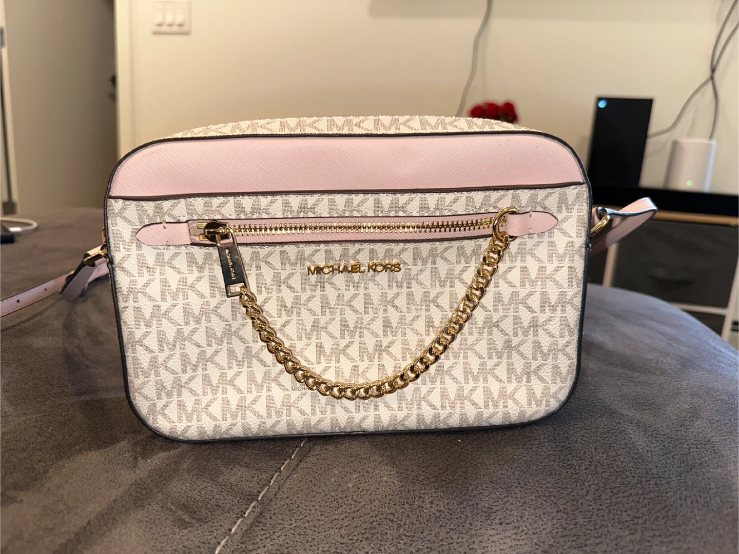Michael Kors Camera Bag - Pink and White MK Print