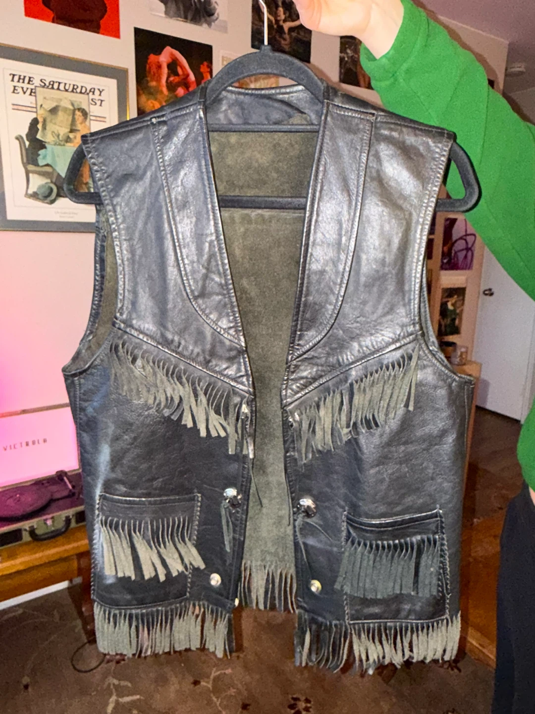 Black Leather Fringe Vest