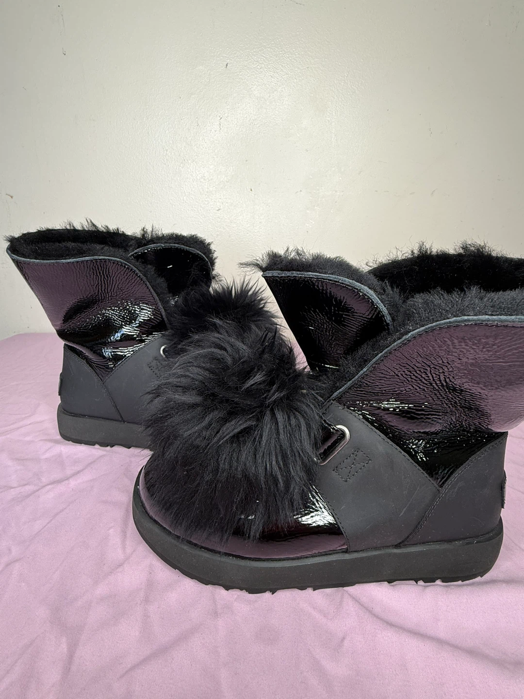 UGG Black Patent Fur Pom Pom Boots - photo 2