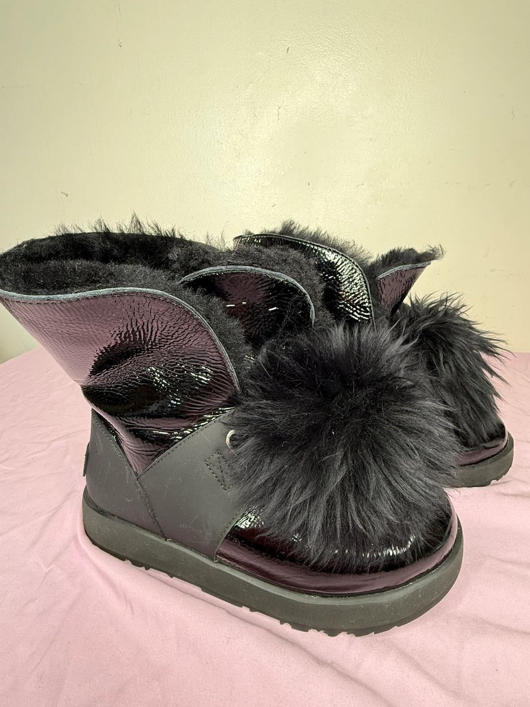 UGG Black Patent Fur Pom Pom Boots - photo 3