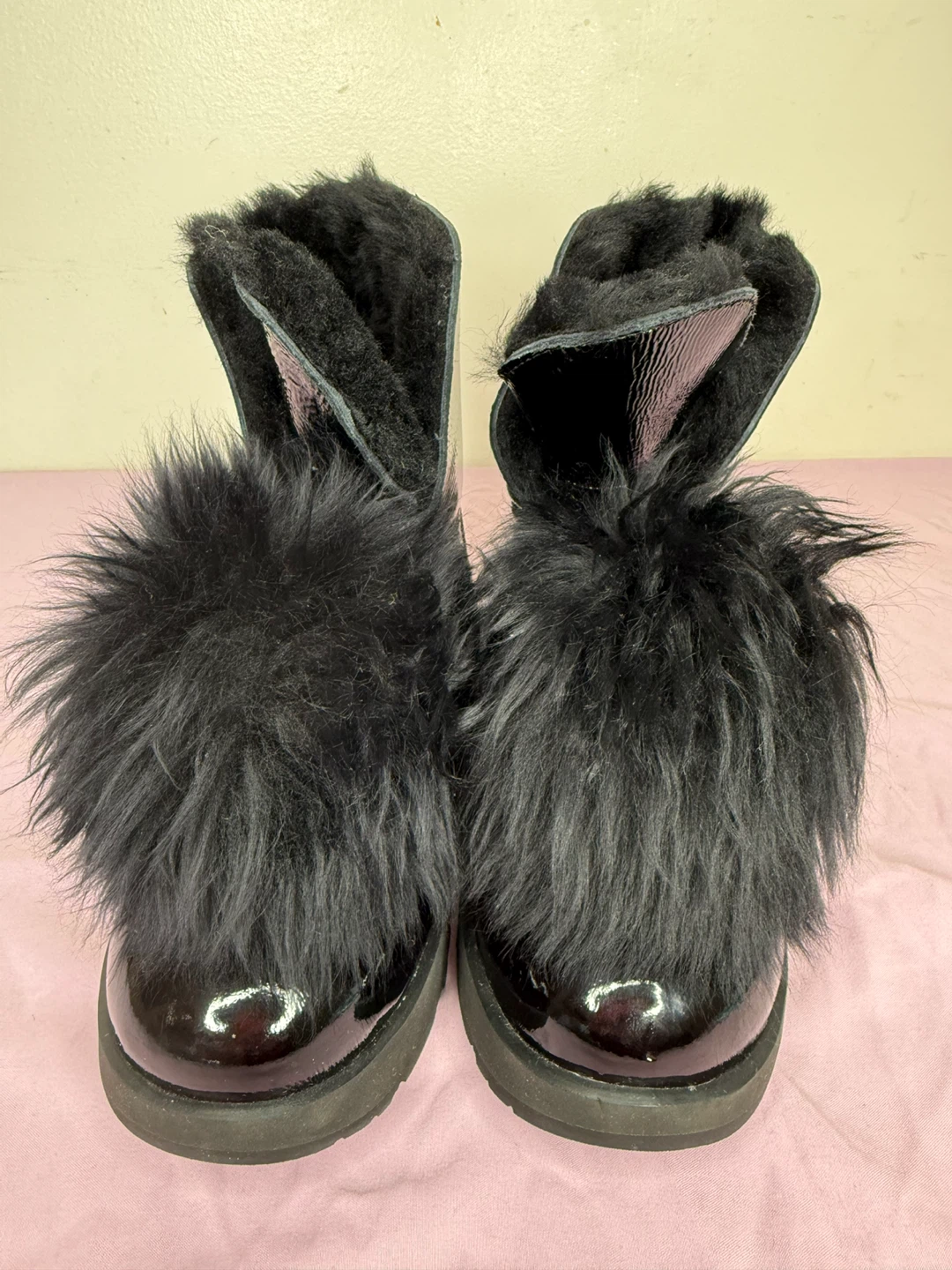 UGG Black Patent Fur Pom Pom Boots