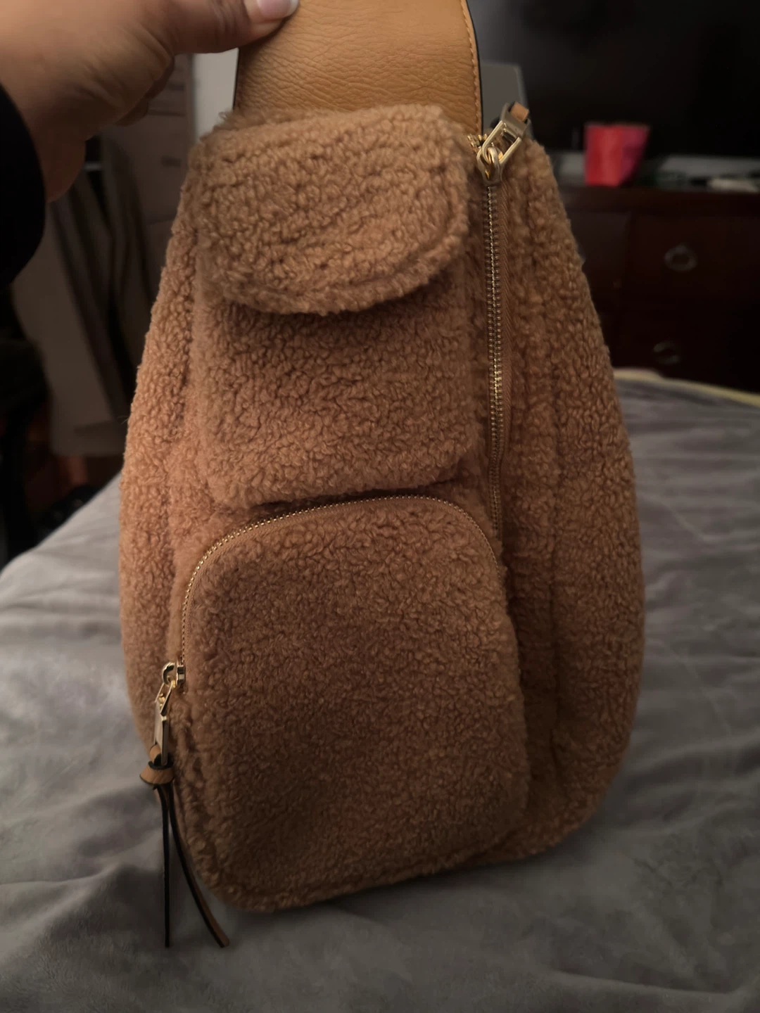 Teddy Fleece Sling Bag - Tan - photo 2