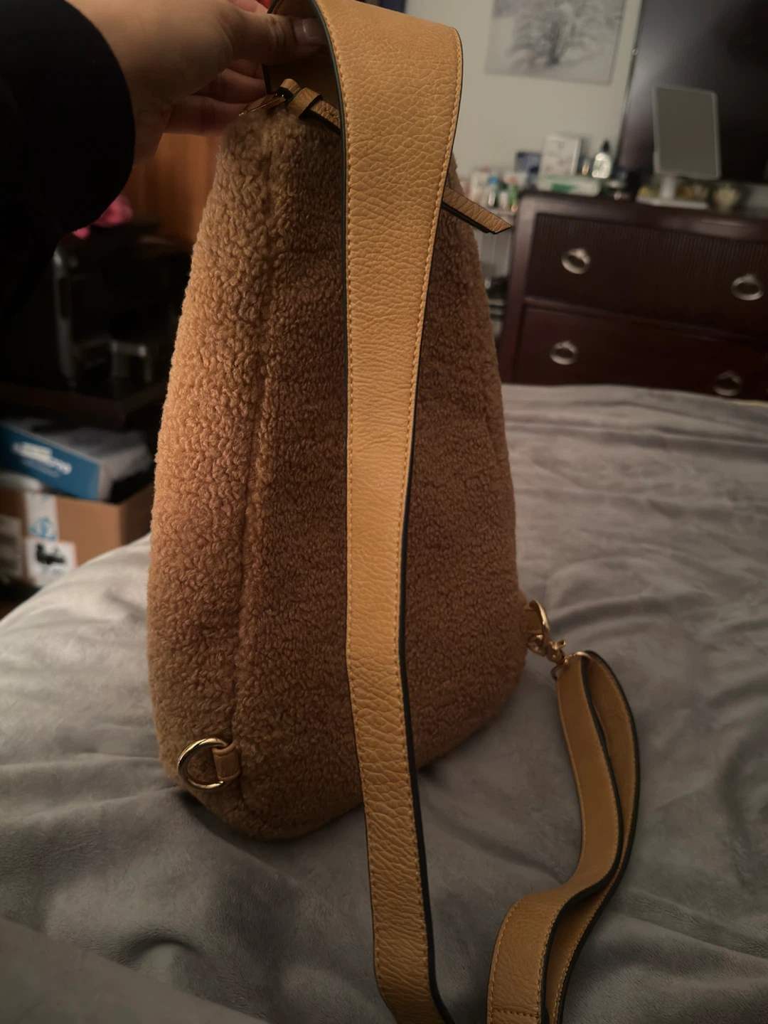 Teddy Fleece Sling Bag - Tan