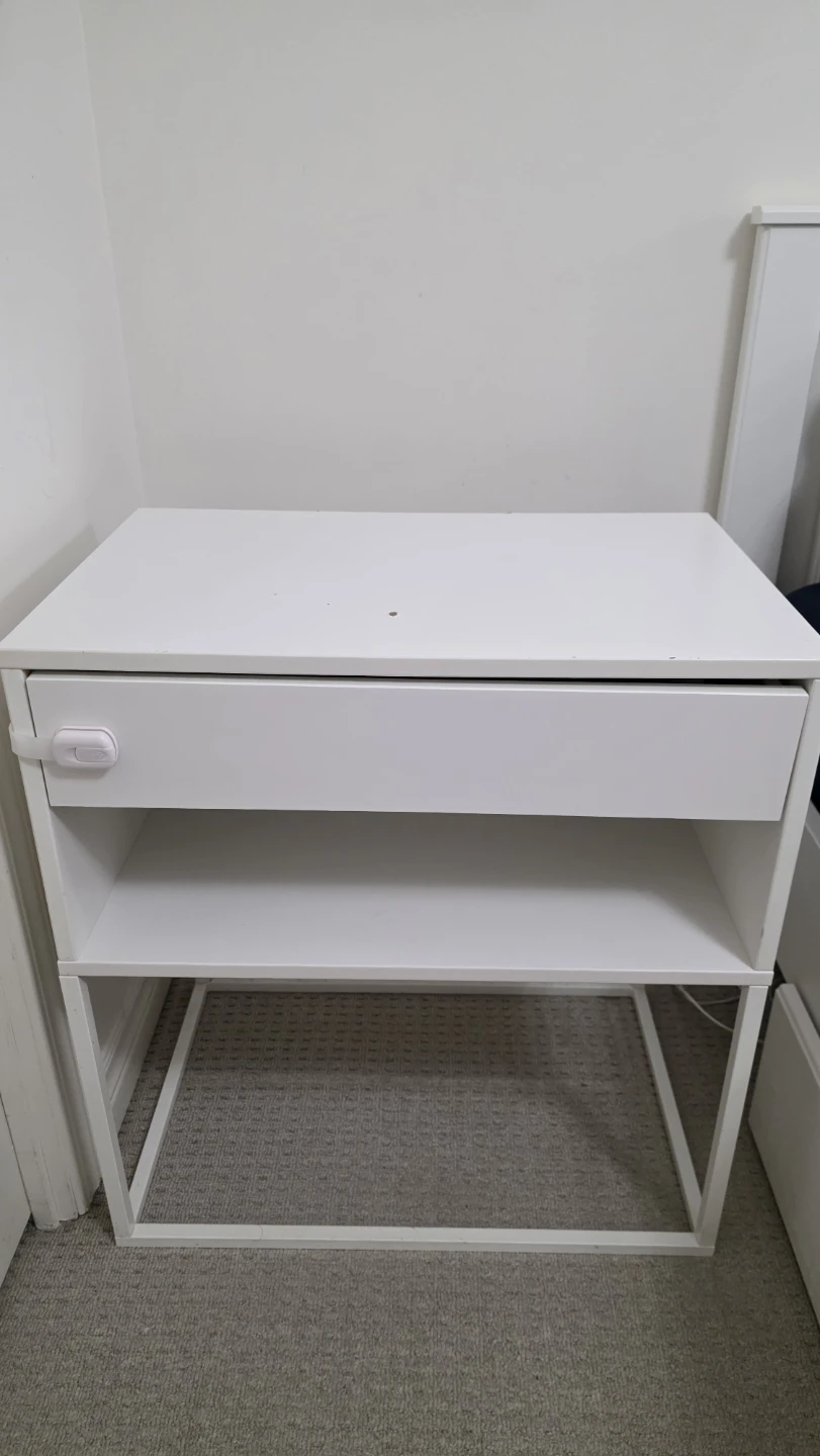 White Nightstand with Drawer and Shelf