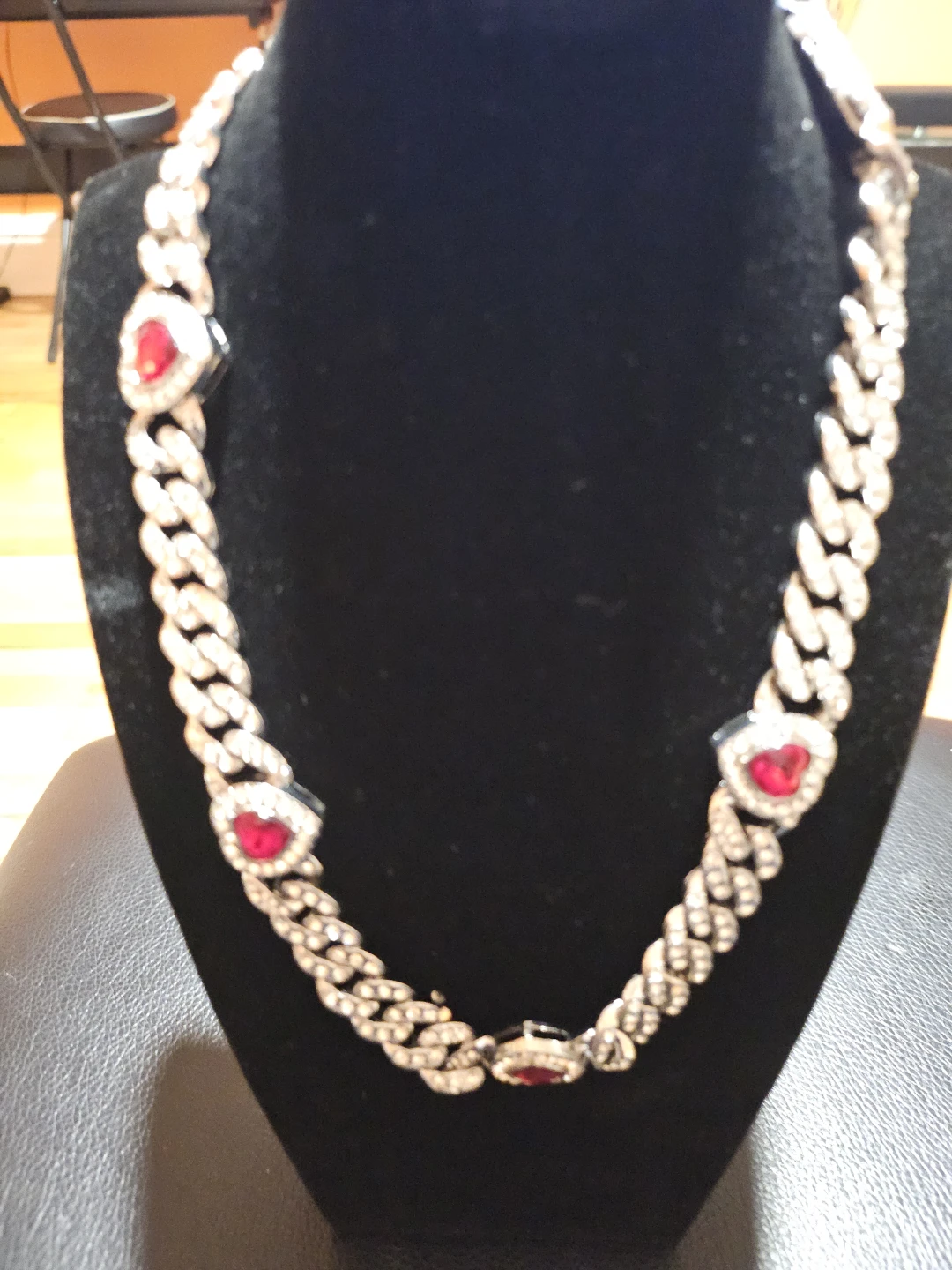 AJ U.S.A. Silver Chain Necklace with Red Heart Pendants