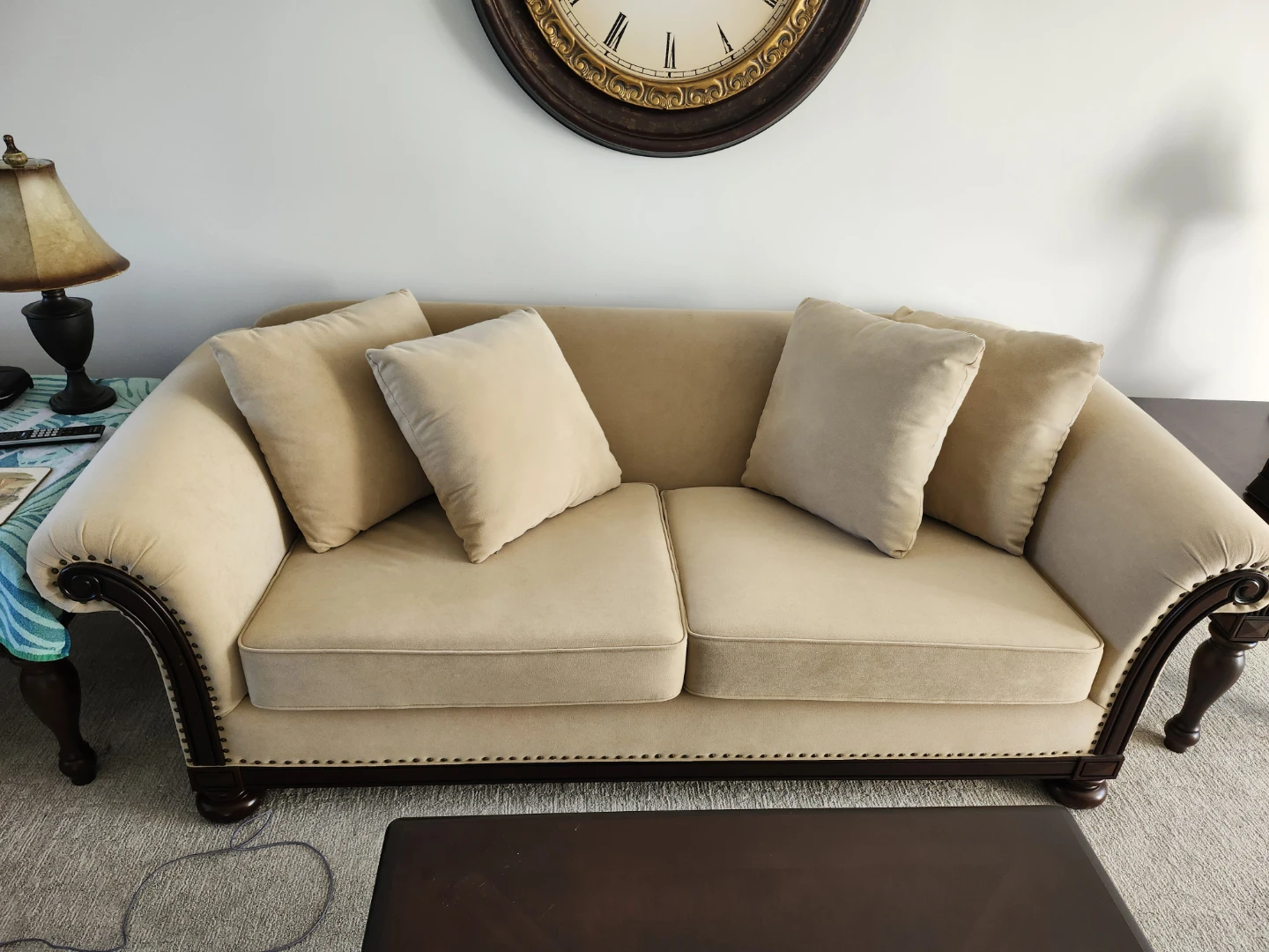 Beige Suede couch, loveseat and ottoman with accent pillows - photo 3