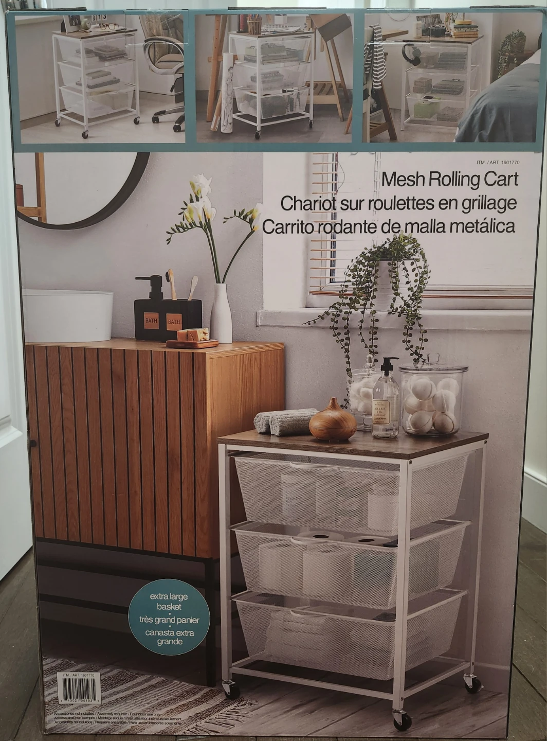 Mesh Rolling Cart with 3 Baskets