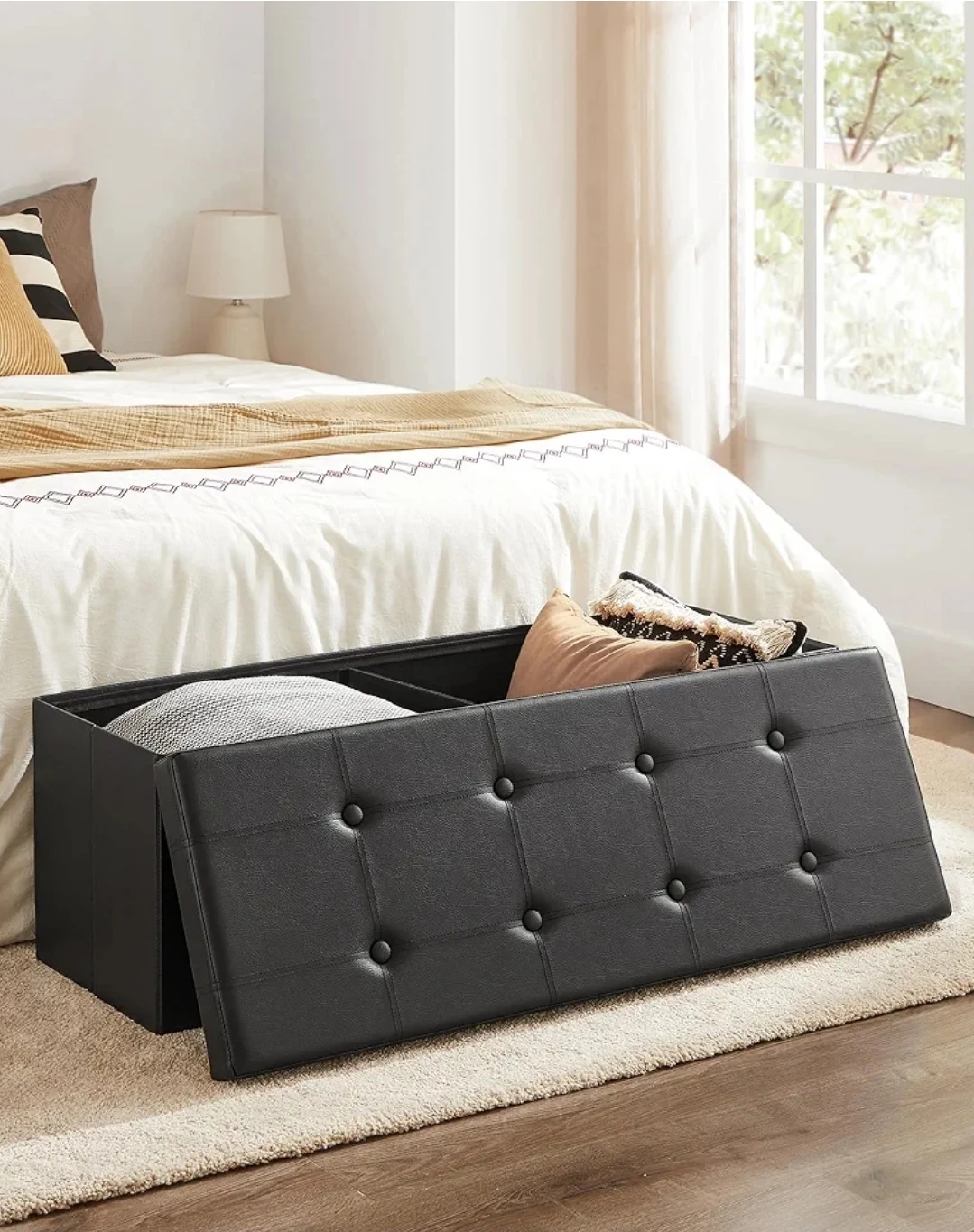 Black Faux Leather Storage Ottoman Bench