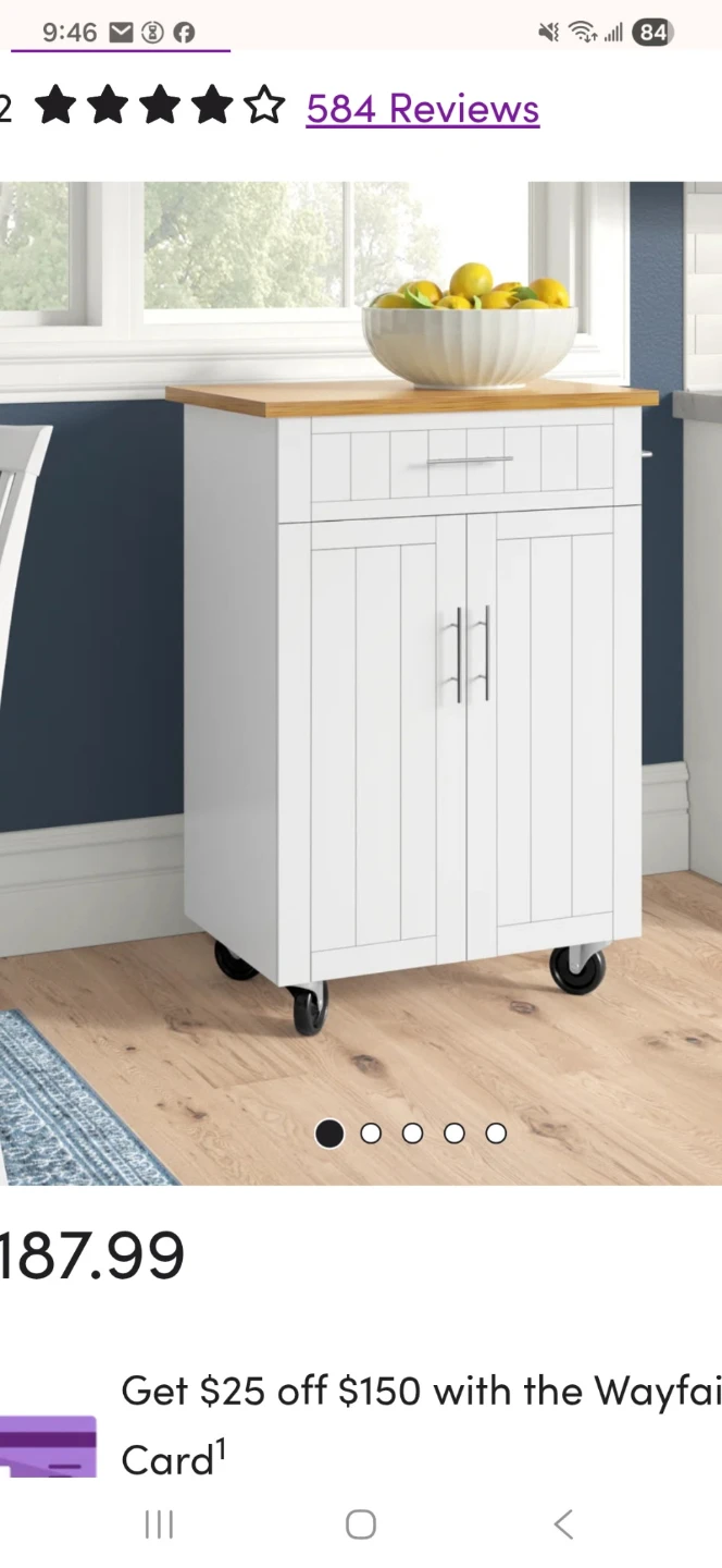 White Kitchen Cart with Wood Top and Wheels