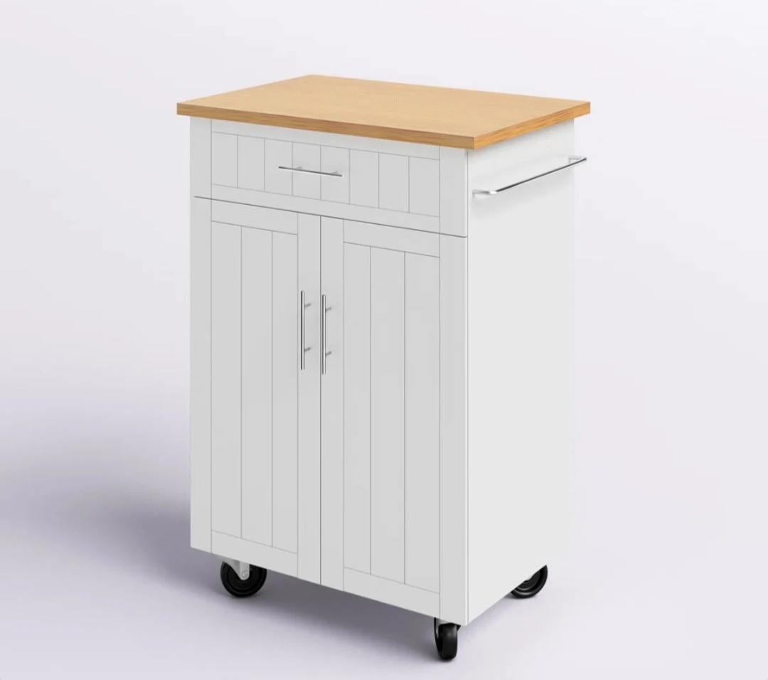 White Kitchen Cart with Wood Top and Wheels - photo 2